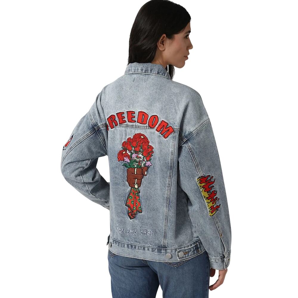 Forever 21 Embroidered Denim Jacket, Ron Bass Patches, Freedom, Peace, Size 3XL - Picture 6 of 13